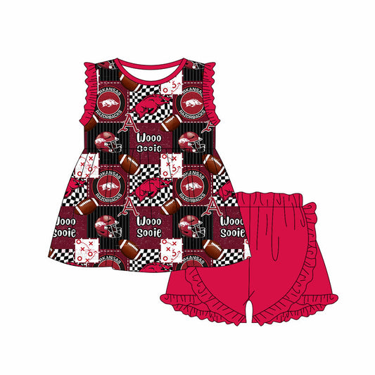 Baby Girl Sleeveless Pigs Team Checked Tunic Red Shorts Set Moq 5