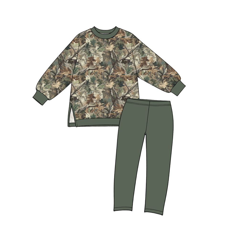 ( Moq 5 ) Preorder Baby Girls Kids Long Sleeves Leaves Tops Green Leggings Yoga Set Camo Clothes