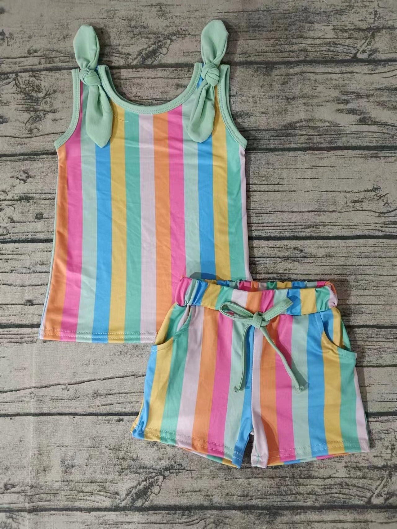 Moq 5 Baby Girl Sleeveless Stripes Shirt Pocket Shorts Set