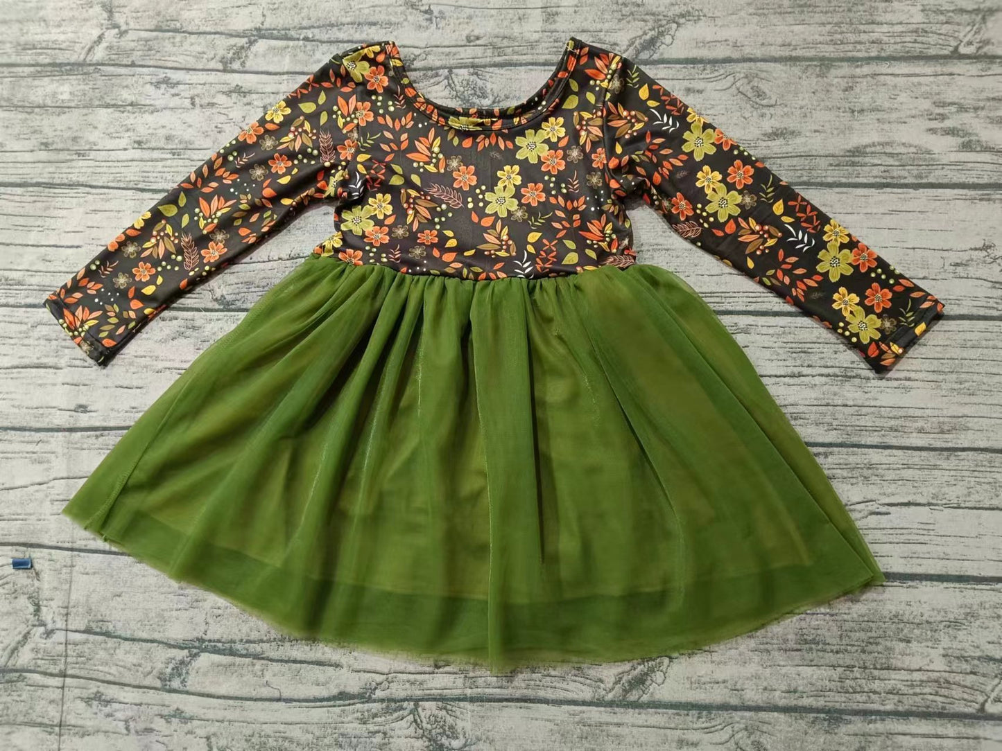 Baby Girl Long Sleeves Flower Green Tulle Twirl Dress