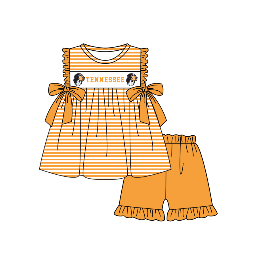 ( Moq 5 ) Baby Girls Toddler Short Sleeves Dogs Orange Stripes Purple Bows Tunic Shorts Team Set