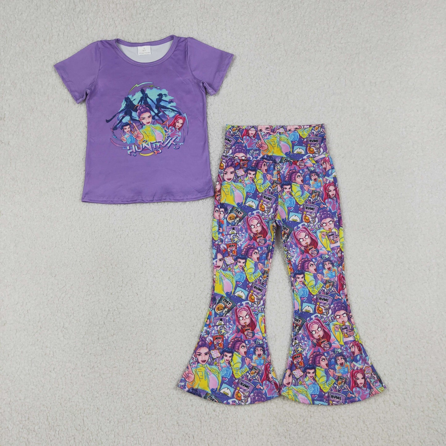 Baby Girls Kids Short Sleeves Purple Shirt Singer Characters Bell Pants Set RTS