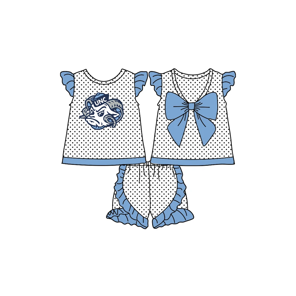 Moq 5 Baby Girl Short Sleeves Blue Big Bow Tops Shorts Team Set