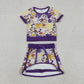 Baby Girls Toddler Short Sleeves Tigers Bows Football Team Shirt Shorts Yoga Purple Set RTS