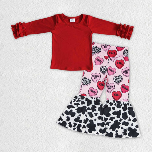 GLP1153 Baby Girl Red Long Sleeves Cotton Shirt Valentine's  Hearts Bell Pants Set