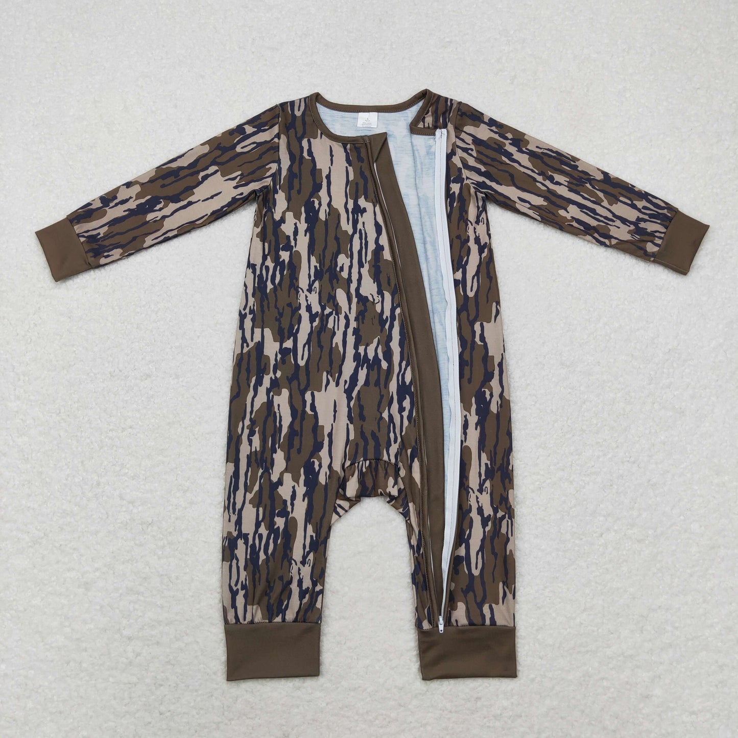 Baby Boy Long Sleeves Camo Green Tree Fall Zipper Bamboo Romper