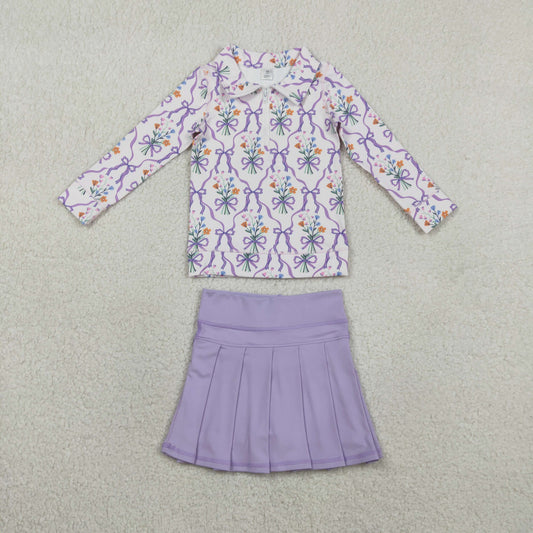 Baby Girls Floral Bows Zipper Shirt Shorts Skirt Skort Yoga Active Purple Clothes Set RTS
