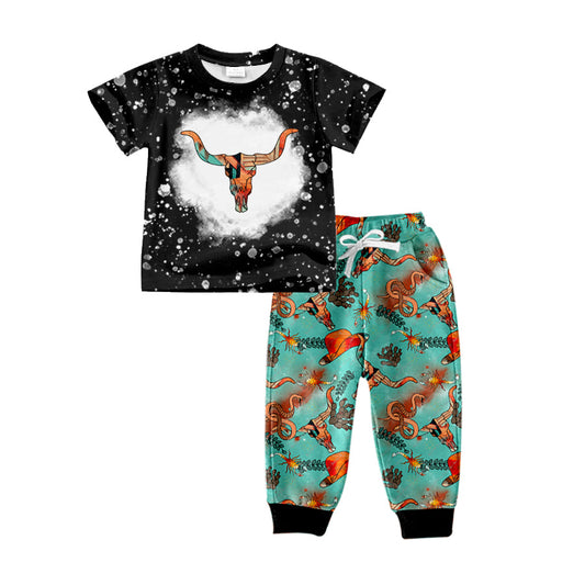 Baby Boy Short Sleeves Cow Skull Shirt Pocket Pants Western Set Moq 5