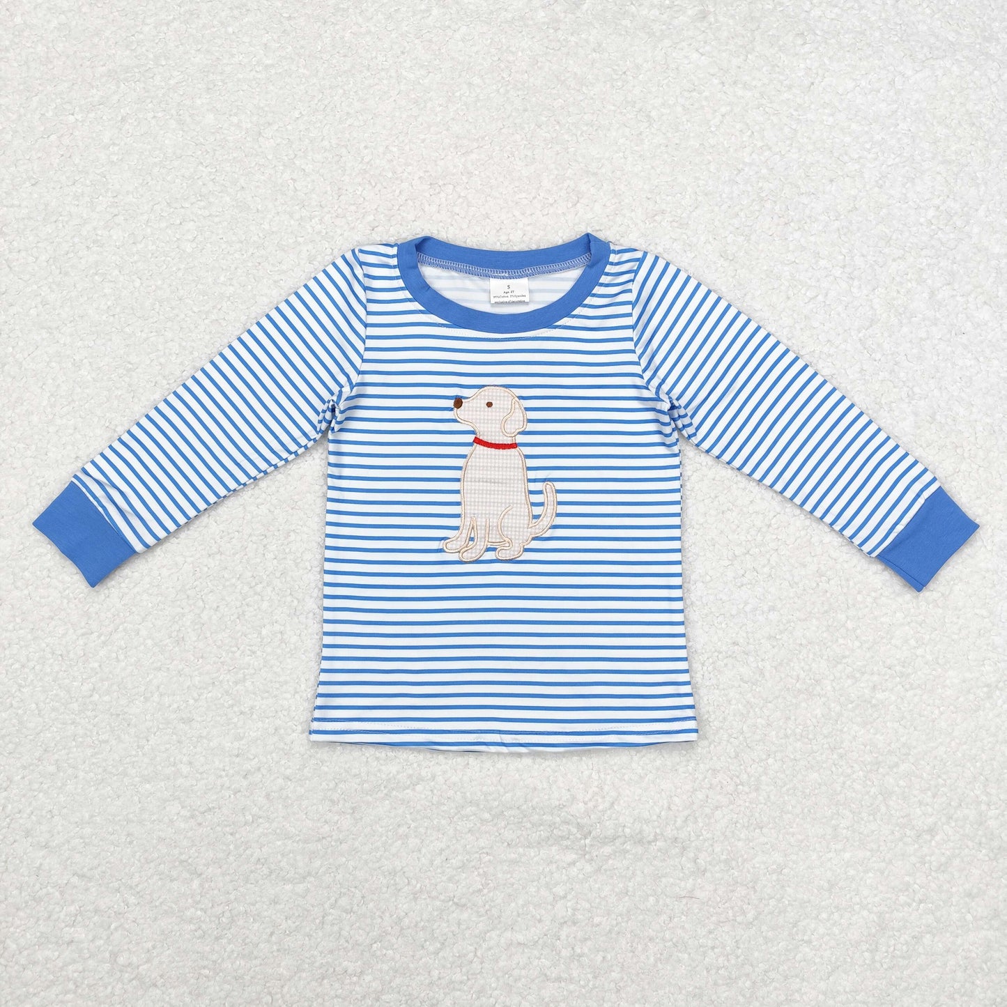 Baby Boy Long Sleeves Blue Stripes Embroidery Dog Shirt Tops