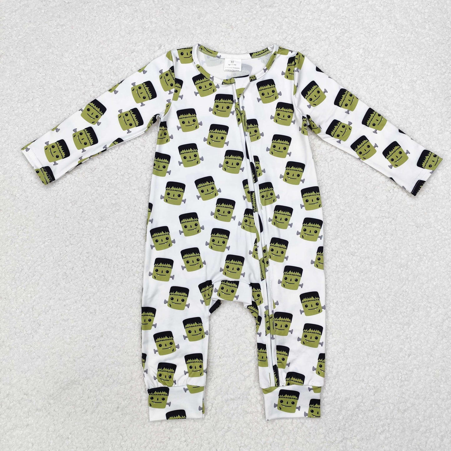 Baby Boy Long Sleeves Green Monster Halloween Zipper Romper