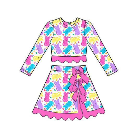 ( Moq 5 ) Preorder Baby Girls Kids Rabbits Shirt Bows Skirt Shorts Easter Set Yoga Active Clothes