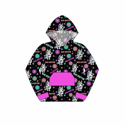 Baby Girl Big Sister Flowers Dogs Purple Hooded Shirt