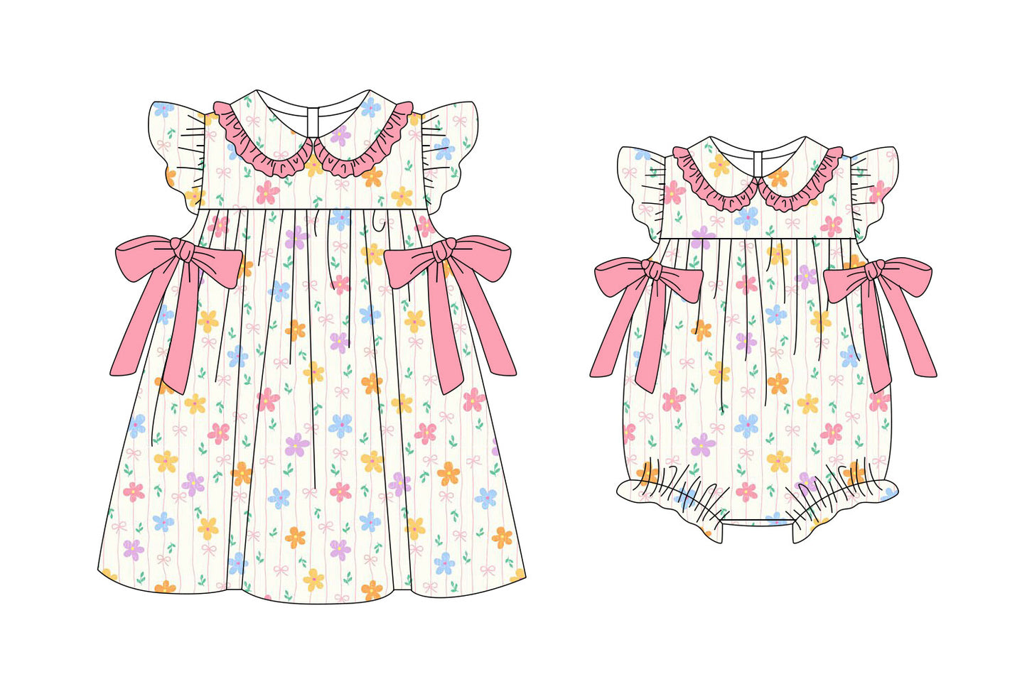 ( Moq 5 Each Style ) Sibling Baby Girls Kids Short Sleeves Flower Pink Bows Romper Dress Clothes
