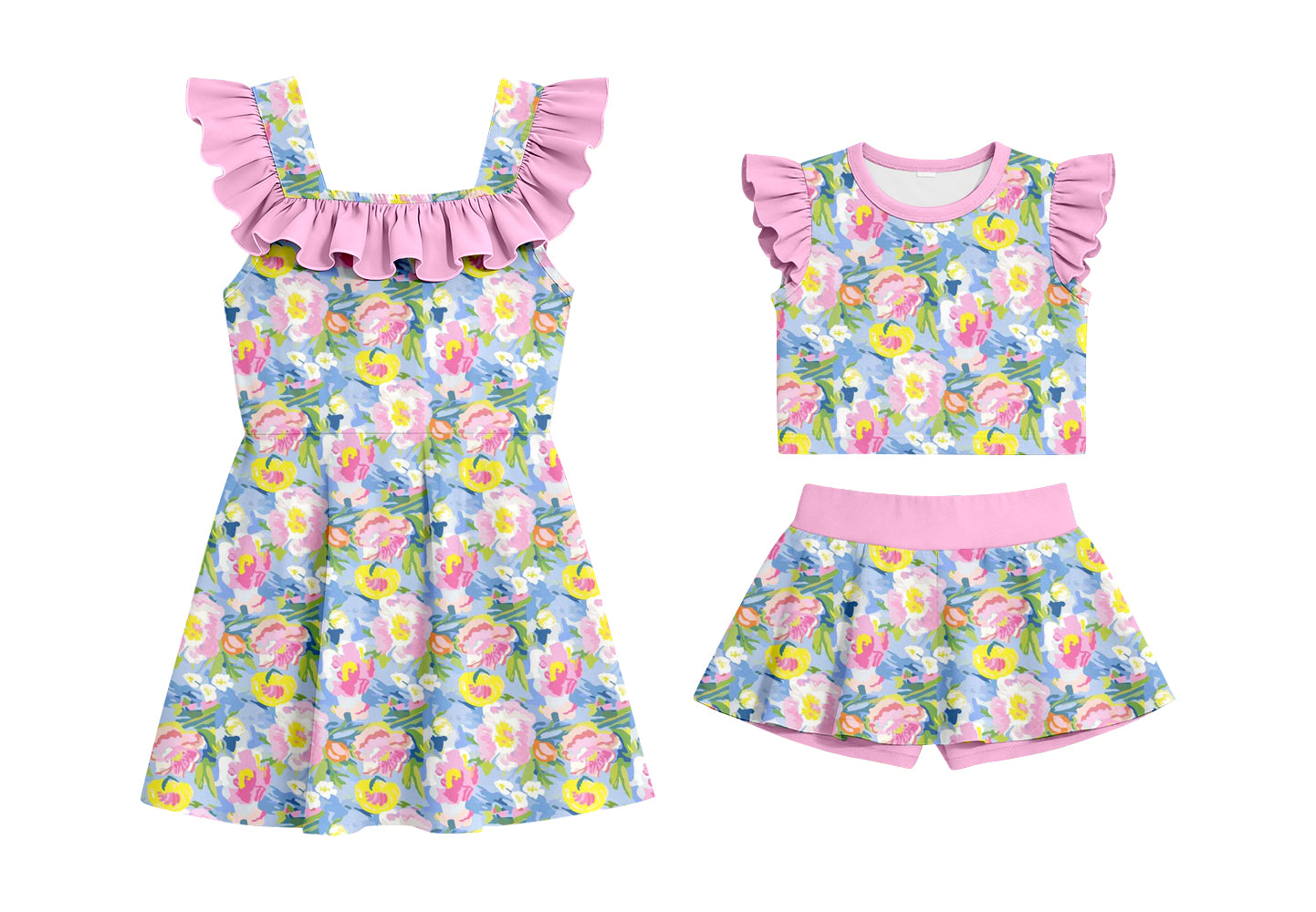 ( Moq 5 Each Style ) Baby Girls Kids Pink Short Sleeves Flower Sibling Summer Ruffle Dress Set