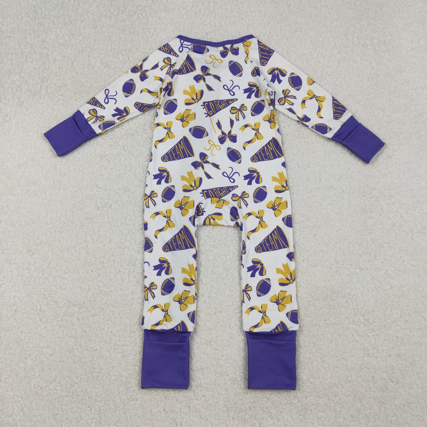 Baby Girl Long Sleeves Football Bows Team Cheer Purple Zipper Romper RTS