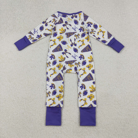 Baby Girl Long Sleeves Football Bows Team Cheer Purple Zipper Romper RTS