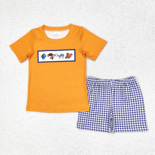 Baby Boy Orange Fish Shirt Plaid Shorts Clothes Set