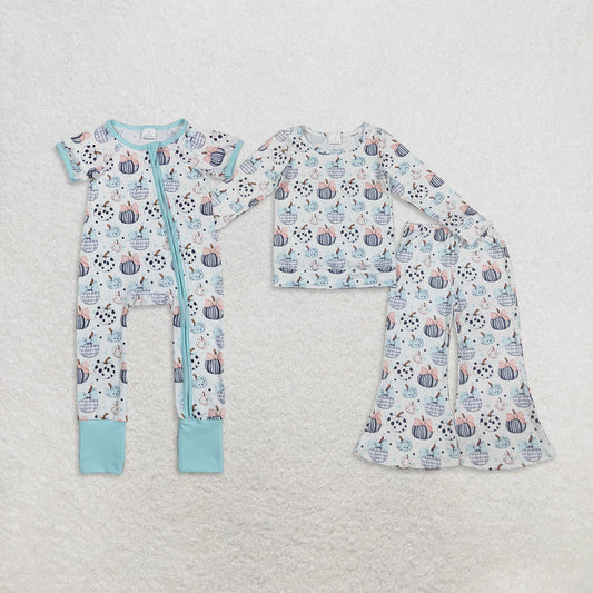 Sibling Baby Girls Kids Pumpkins Bows Shirt Bell Pants Fall Set Zipper Romper Clothes RTS
