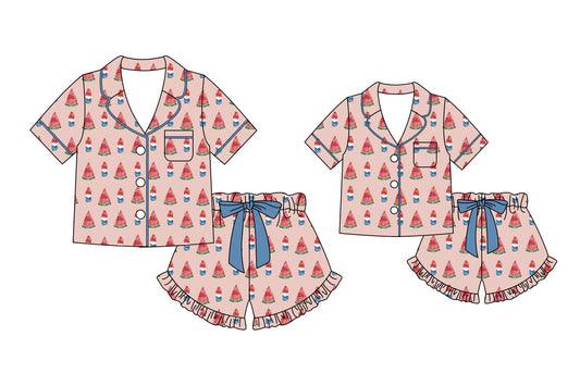 ( Moq 5 Each Style ) Baby Girl Adult Women Watermelon Popsicle 4th of July Shirts Shorts Sibling Mommy And Me Family Sets