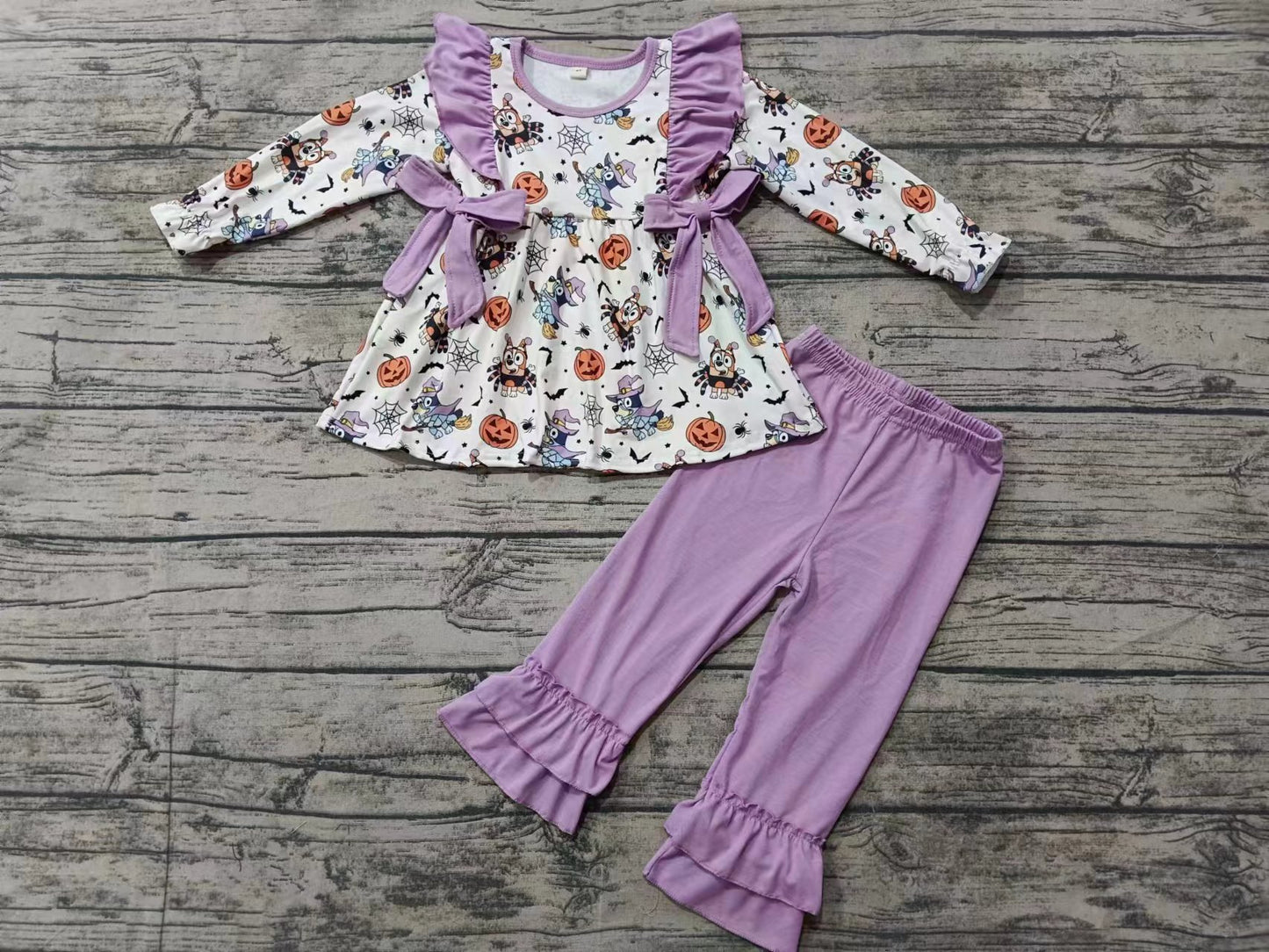 Baby Girl Toddler Long Sleeves Dog Pumpkin Halloween Tunic Purple Ruffle Pants Set