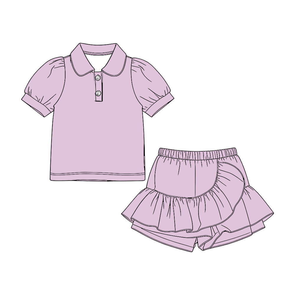 ( Moq 5 )  Preorder Baby Girls Kids Short Sleeves Shirt Ruffle Skirt Shorts Purple Set Clothes