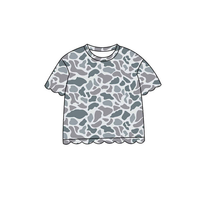 ( Moq 5 ) Preorder Baby Girls Kids Short Sleeves Grey Camo Shirt Scallop Pullover Kids Clothes