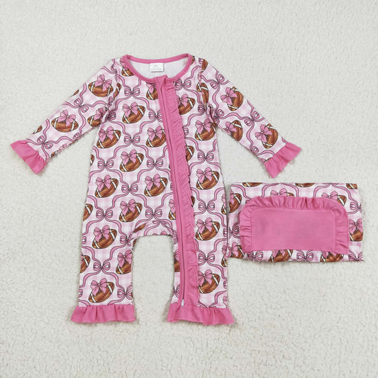 Baby Girl Long Sleeves Football Bows Pink Checked Zipper Romper RTS
