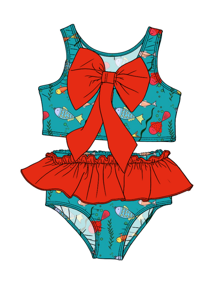 ( Moq 5 Each Style ) Sibling Baby Girls Kids Fish Tops Ruffle Shorts Red Bows Sets Summer Swimsuits