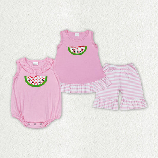 Baby Girl Embroidery Watermelon Summer Sibling Sister Romper Set