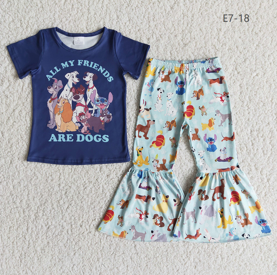 Promotion Baby Girl Short Sleeves Dogs Shirt Bell Pants Set RTS