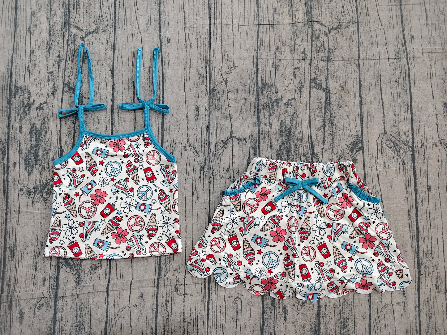 Baby Girl Kids Straps Flower Tops Pockets Skirt Shorts 4th of July Set RTS