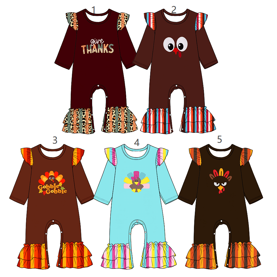 ( Moq 5 Each Style ) Sibling Baby Girls Infant Long Sleeves turkey Thanksgiving Ruffle Rompers Clothes