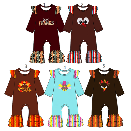 ( Moq 5 Each Style ) Sibling Baby Girls Infant Long Sleeves turkey Thanksgiving Ruffle Rompers Clothes