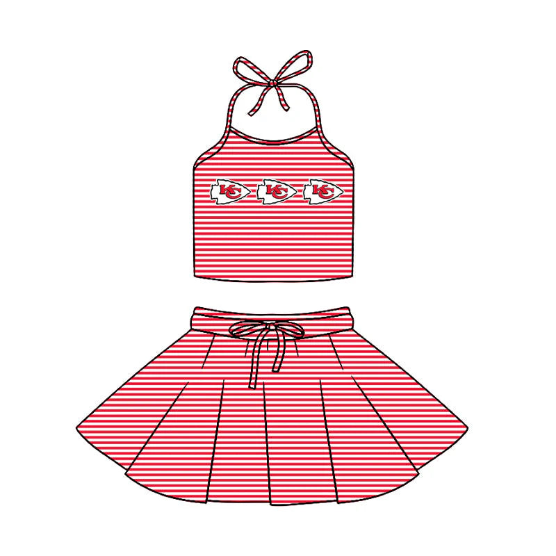 ( Moq 5 ) Baby Girls Kids Halter KC Shirt Red Stripes Shorts Skirt Team Clothes Set