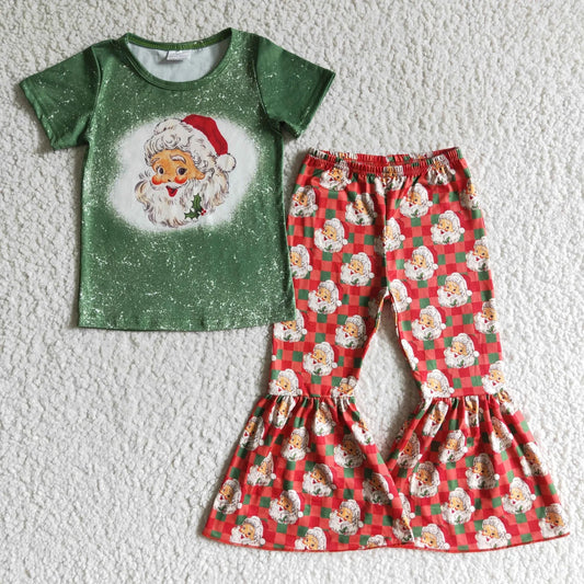 Promotion Baby Girl Green Shirt Christmas Santa Plaid Bell Pants Outfit RTS