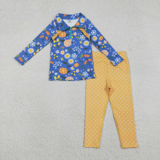 Baby Girls Kids Long Sleeves Flowers Zipper Blue Pullover Dots Pants Yoga Active Clothes Set RTS