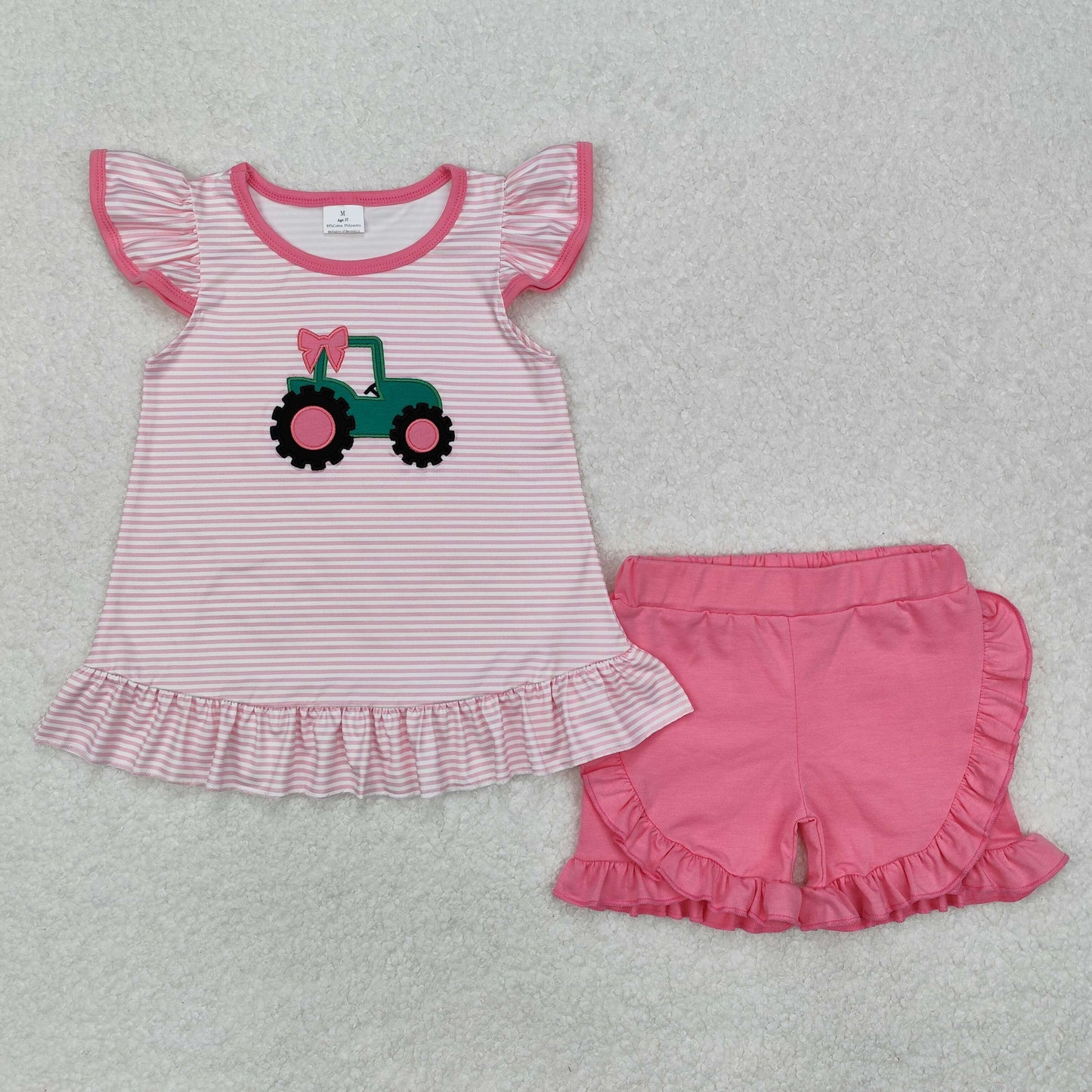 Baby Girl Short Sleeves Embroidery Truck Bow Tunic Pink Shorts Clothes Set