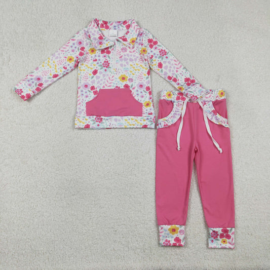 Baby Girls Flower Long Sleeves Zipper Shirt Ruffle Pockets Pink Pants Set RTS