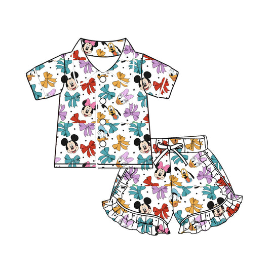 Baby Girl Short Sleeves Bows Mouse Buttons Shirt Ruffle Shorts Pajamas Set Moq 5