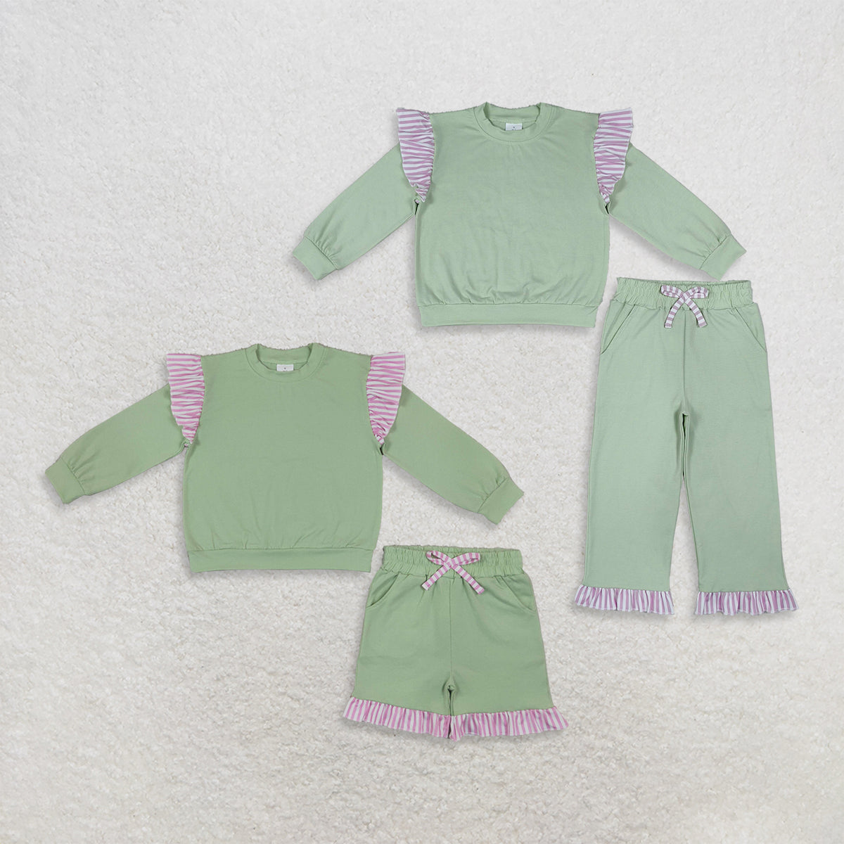 Sibling Baby Girls Kids Long Sleeves Shirts Pockets Shorts Pants Cotton Green Sets Clothes RTS