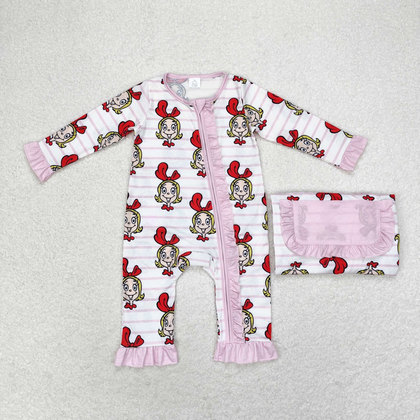 Baby Girl Long Sleeves Pink Face Christmas Zipper Romper