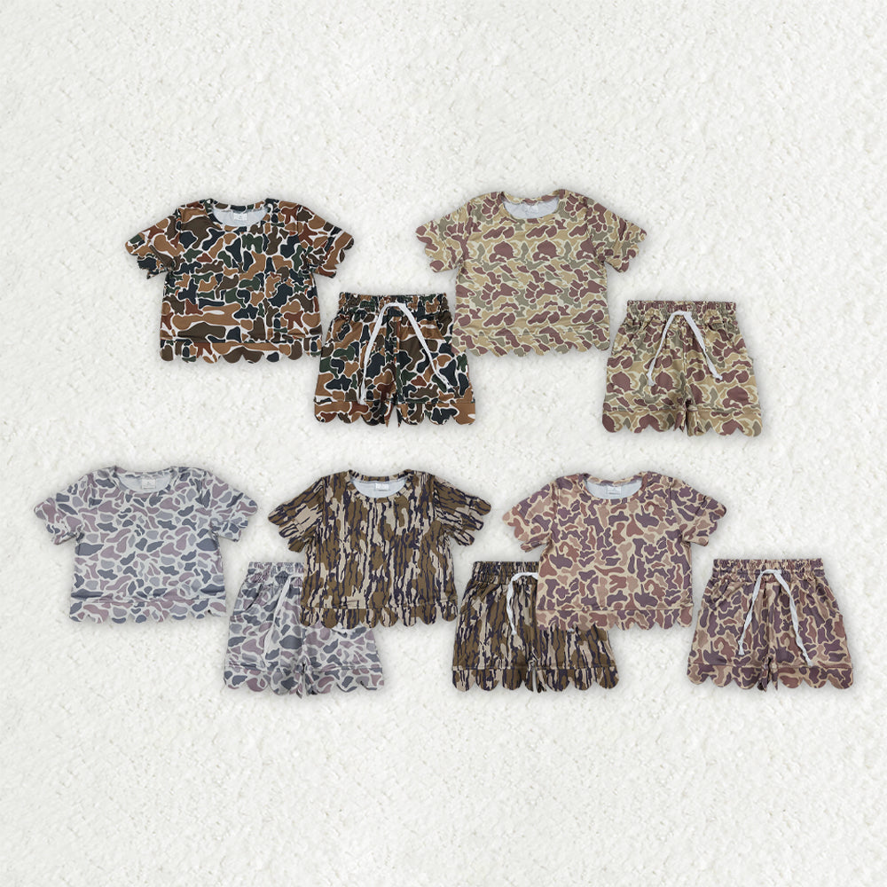Sibling Baby Girls Kids Short Sleeves Camo Shirts Pockets Shorts Scallop Sets Clothes