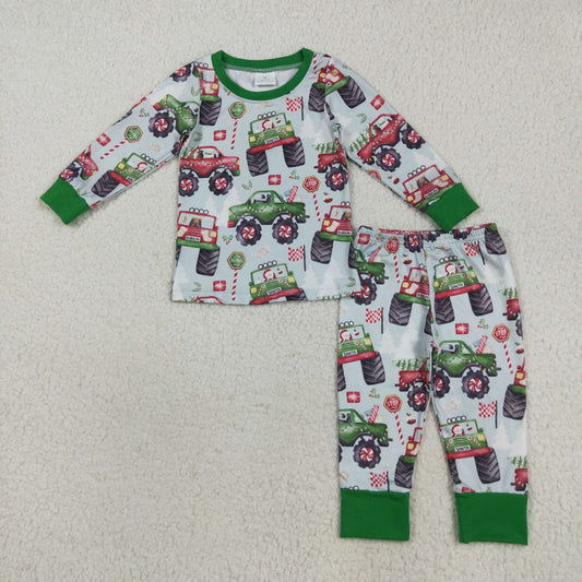 Baby Boy Long Sleeves Trucks Santa Shirt Pant Christmas Green Pajamas Set RTS