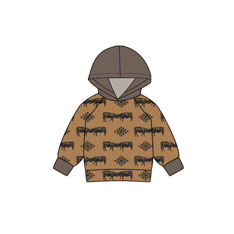 Baby Boy Long Sleeves Western Cow Aztec Hoodie Brown Shirt Tops Moq 5