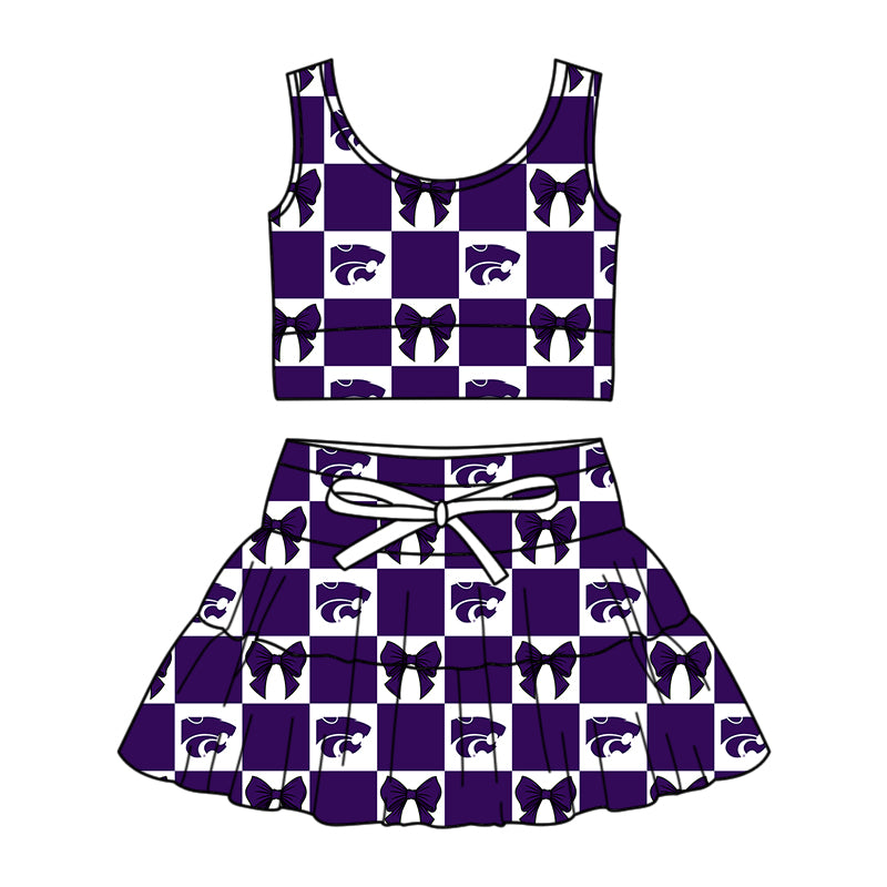 ( Moq 5 ) Baby Girls Toddler Bows Purple Checked Tops Shorts Skirt Team Set