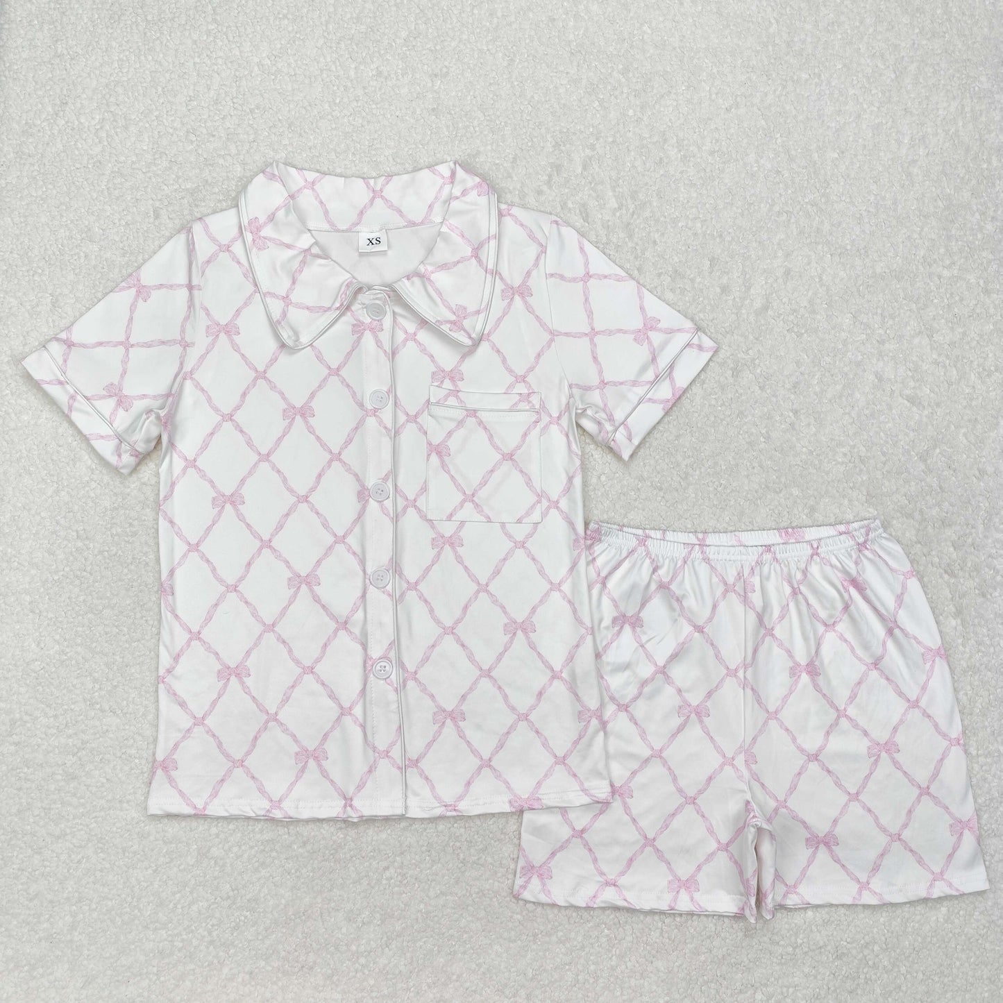 Adult Women Short Sleeves Pink Bows Buttons Shirt Shorts Pajamas Set