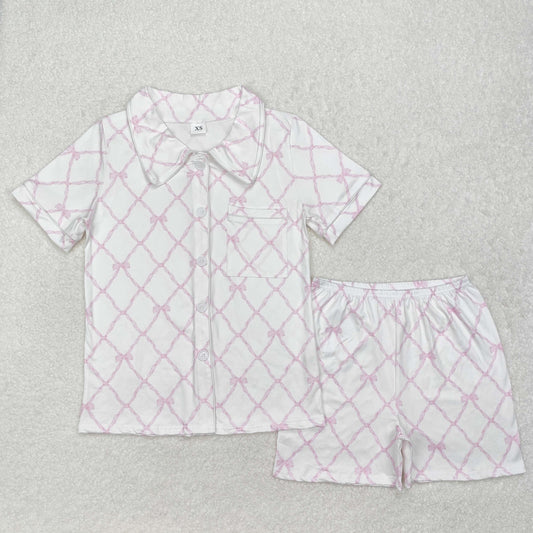 Adult Women Short Sleeves Pink Bows Buttons Shirt Shorts Pajamas Set