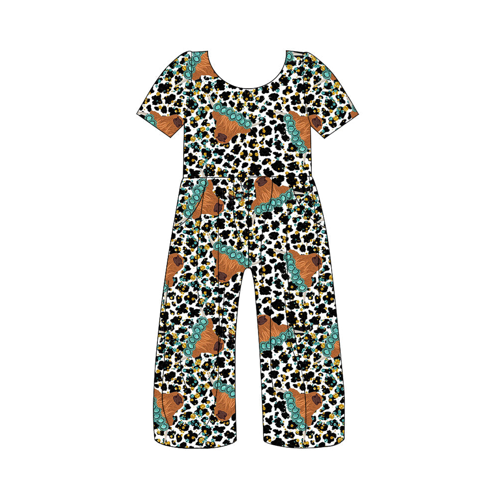 Baby Girl Short Sleeves Cow Turquoise Leopard Western Jumpsuit Moq 5