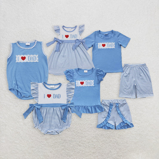 Baby Boy Girl Kids Embroidery I Love Dad Sibling Blue Romper Dress Set RTS