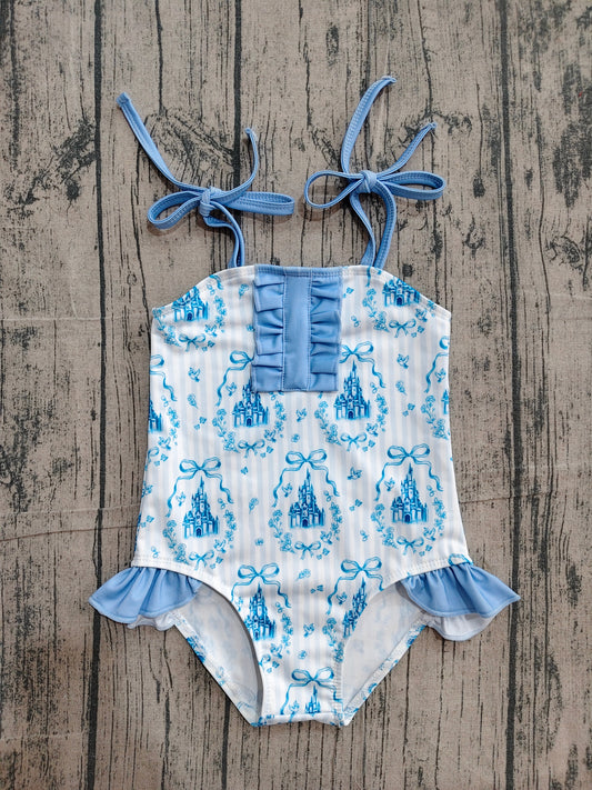 ( No moq ) Preorder Baby Girls Kids Sleeveless Castles Bows Summer One-piece Swimsuit